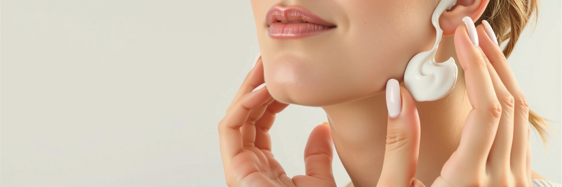 Beautiful woman applying luxurious face cream, soft focus, elegant lighting